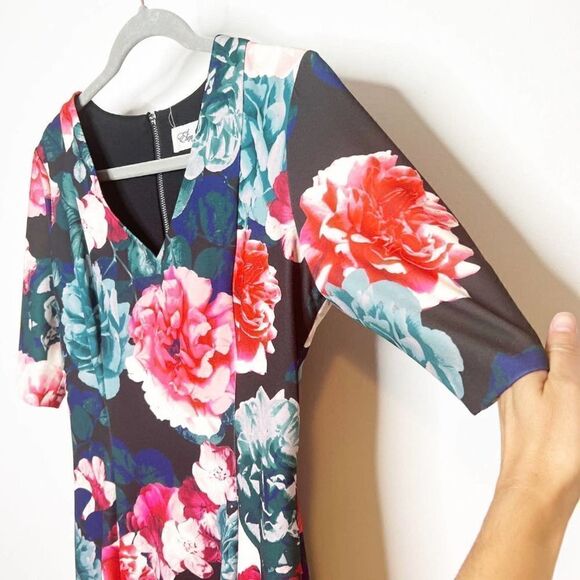 Eliza J Womens Multicolor Floral Short Sleeve V Neck Sheath Dress Size 8 - Picture 3 of 8